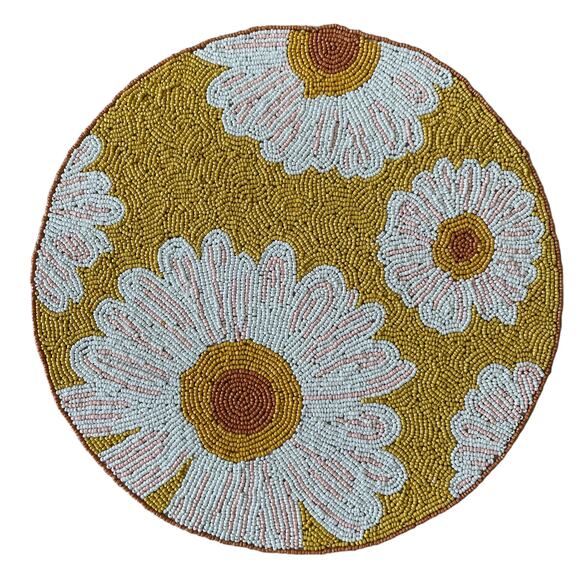 RACHEL ZOE Glass Hand Beaded Charger Placemat Bright Yellow & White Floral NEW - Picture 11 of 11